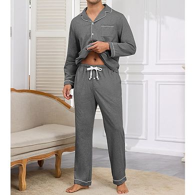 Men's Soft Cotton Pajama Set Button Up Loungewear with Pockets