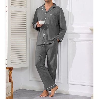 Men's Soft Cotton Pajama Set Button Up Loungewear with Pockets