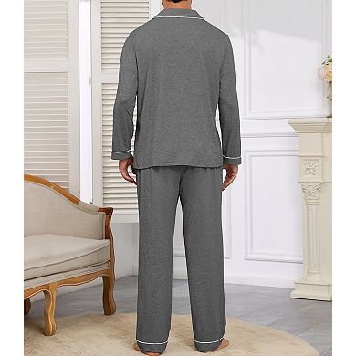Men's Soft Cotton Pajama Set Button Up Loungewear with Pockets