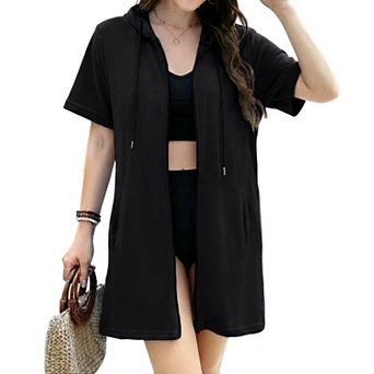 Women Terry Cloth Swim Cover Up Hooded Zip Pocket Quick Dry Beach Robe