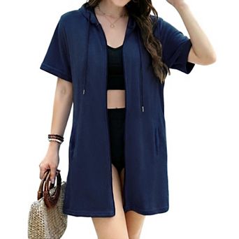 Women Terry Cloth Swim Cover Up Hooded Zip Pocket Quick Dry Beach Robe