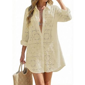 Women Long Sleeve Eyelet Beach Cover Up Shirtdress