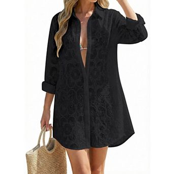 Women Long Sleeve Eyelet Beach Cover Up Shirtdress