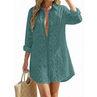 Women Long Sleeve Eyelet Beach Cover Up Shirtdress