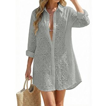 Women Long Sleeve Eyelet Beach Cover Up Shirtdress