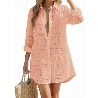 Women Long Sleeve Eyelet Beach Cover Up Shirtdress