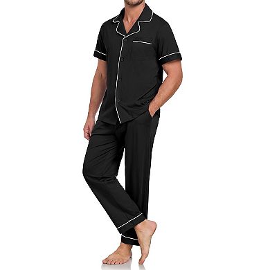 100% Cotton Men Short Sleeve Button Down Pajama Set Lounge Sleepwear