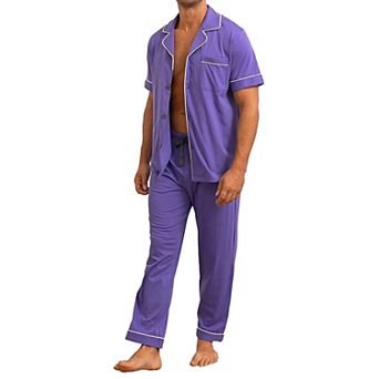 100% Cotton Men Short Sleeve Button Down Pajama Set Lounge Sleepwear