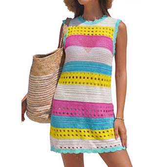 Women Sleeveless Crochet Knit Swim Cover Up Lightweight Breathable Beach Wear