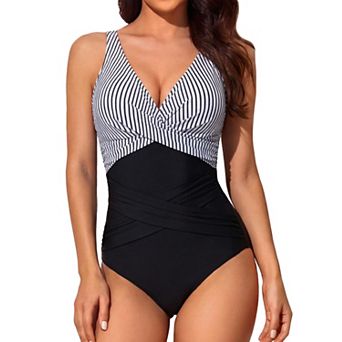 Women Tummy Control Retro Ruched Push Up Swimwear V Neck Bathing Suit