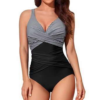 Women Tummy Control Retro Ruched Push Up Swimwear V Neck Bathing Suit