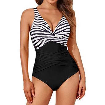 Women Tummy Control Retro Ruched Push Up Swimwear V Neck Bathing Suit