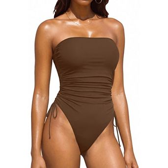 Women Strapless Bandeau Swimsuit Tummy Control Cheeky Swimwear