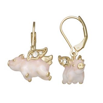 Napier Gold Tone Flying Pig Leverback Drop Earrings