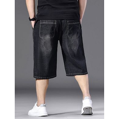 Men's Plus Size Stretch Denim Jorts Elastic Waist Loose Fit Pockets