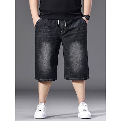 Men's Plus Size Stretch Denim Jorts Elastic Waist Loose Fit Pockets