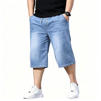 Men's Plus Size Stretch Denim Jorts Elastic Waist Loose Fit Pockets