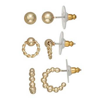 Napier Gold Tone Stud, Hoop & Drop 3-Pair Earring Set