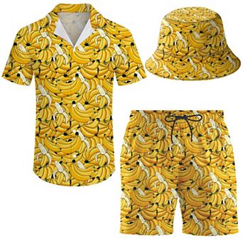 2 pc Hawaiian Short Sleeve Shirt Shorts Set With Bucket Hat Casual Summer Outfit
