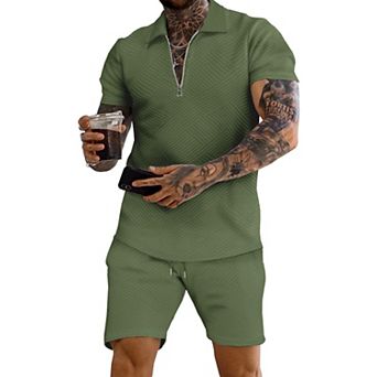 2 pc Men's Polo Shirt Shorts Set 3D Textured Casual Athleisure Outfit