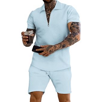 2 pc Men's Polo Shirt Shorts Set 3D Textured Casual Athleisure Outfit