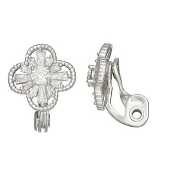Napier Silver Tone Cubic Zirconia Flower Clip-On Drop Earrings