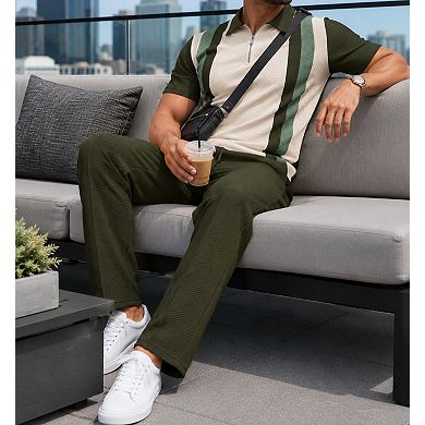 2 Pcs Men's Quarter Zip Short Sleeve Polo Joggers Tracksuit Set