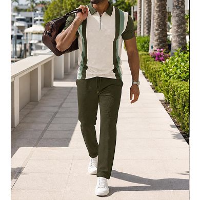 2 Pcs Men's Quarter Zip Short Sleeve Polo Joggers Tracksuit Set