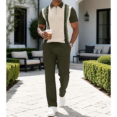 2 Pcs Men's Quarter Zip Short Sleeve Polo Joggers Tracksuit Set