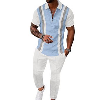 2 pc Men's Quarter Zip Short Sleeve Polo Joggers Tracksuit Set