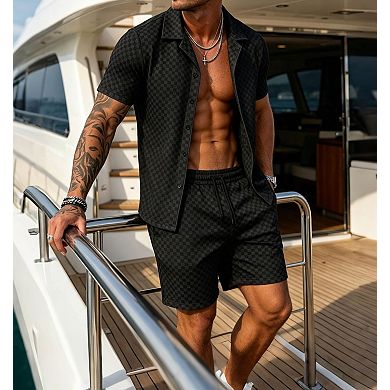 2 Pcs Checkerboard Short Sleeve Button Shirt Shorts Casual Set