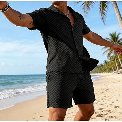 2 Pcs Checkerboard Short Sleeve Button Shirt Shorts Casual Set