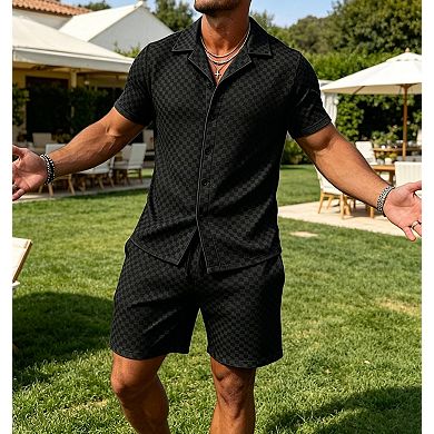 2 Pcs Checkerboard Short Sleeve Button Shirt Shorts Casual Set