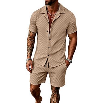 2 pc Checkerboard Short Sleeve Button Shirt Shorts Casual Set