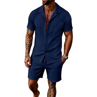 2 pc Checkerboard Short Sleeve Button Shirt Shorts Casual Set