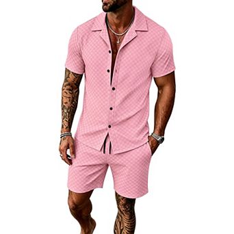 2 pc Checkerboard Short Sleeve Button Shirt Shorts Casual Set