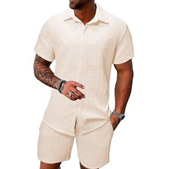 2 pc Men's Summer Vacation Beach Outfit Textured Casual Set