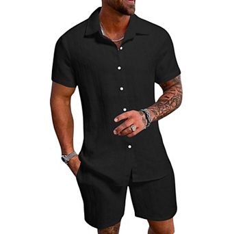 Men 2 pc Linen Short Set Summer Casual Vacation Wear