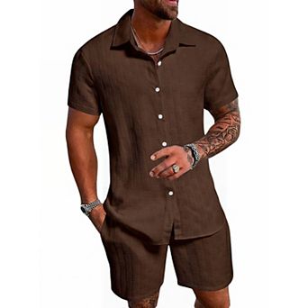 Men 2 pc Linen Short Set Summer Casual Vacation Wear