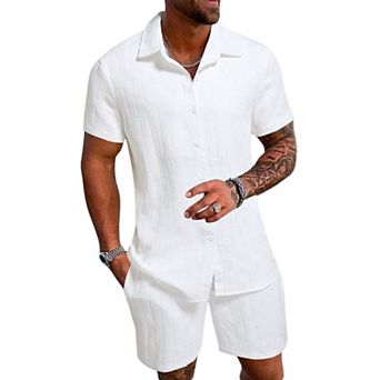 Men 2 pc Linen Short Set Summer Casual Vacation Wear