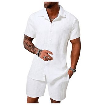 Men 2 pc Linen Short Set Summer Casual Vacation Wear