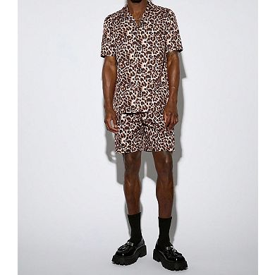 Men's Leopard Print 2 Pcs Short Sleeve Shirt Shorts Casual Set