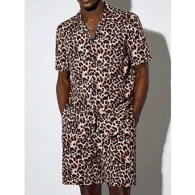Men's Leopard Print 2 Pcs Short Sleeve Shirt Shorts Casual Set