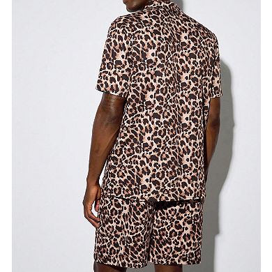 Men's Leopard Print 2 Pcs Short Sleeve Shirt Shorts Casual Set