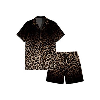 Men's Leopard Print 2 pc Short Sleeve Shirt Shorts Casual Set