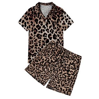 Men's Leopard Print 2 pc Short Sleeve Shirt Shorts Casual Set