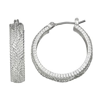Napier Silver Tone Chain Effect Textured Click-It Hoop Earrings