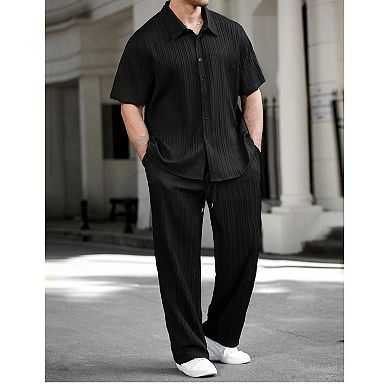 Men's 2 Pcs Linen Summer Vacation Outfits Short Sleeve Button Down Shirt Pants Set