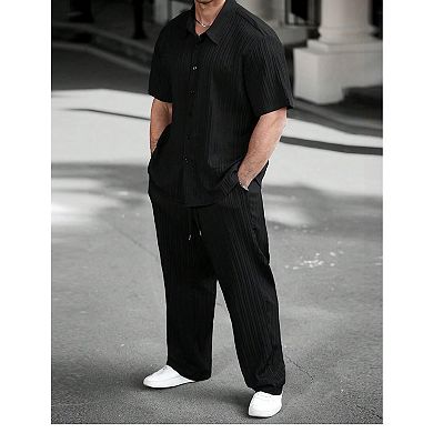 Men's 2 Pcs Linen Summer Vacation Outfits Short Sleeve Button Down Shirt Pants Set