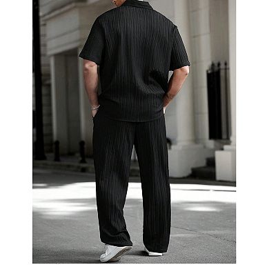 Men's 2 Pcs Linen Summer Vacation Outfits Short Sleeve Button Down Shirt Pants Set